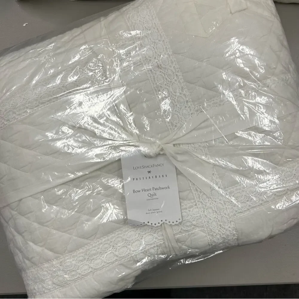 LoveShackFancy Bow Heart Patchwork Quilt Full / Queen Bedding White NWT